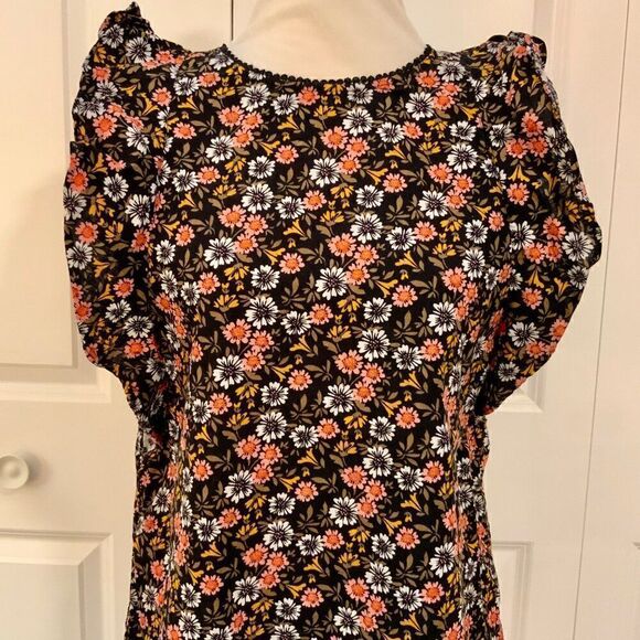 Loft Black Pink Floral Ruffle Trim Cotton Top Small - Picture 2 of 10